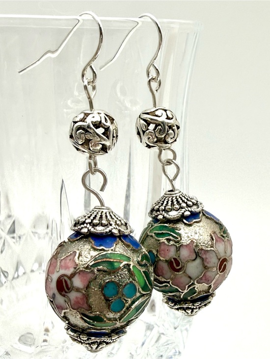 Hand Crafted Jewelry - Rare-Silver Tone Cloisonné Floral Drop Earrings - Silver with Pink, Blue & Green